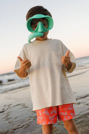 Big Glub Shorts - boy with snorkel thumbs up at beach