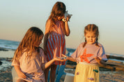 Starfish Tee Crop Purple - girls at beach with shells sunset