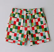 Mens board shorts in Popsicle Check, flat lay (AI-generated image matched to our print)