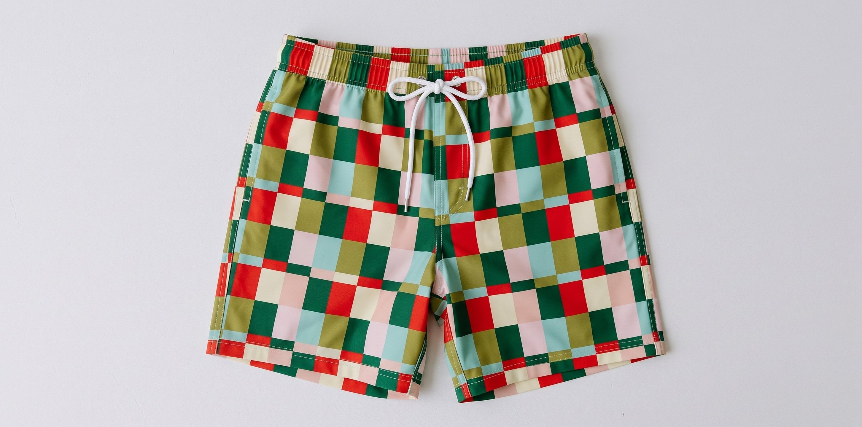 Mens board shorts in Popsicle Check, second flat lay (AI-generated image matched to our print)