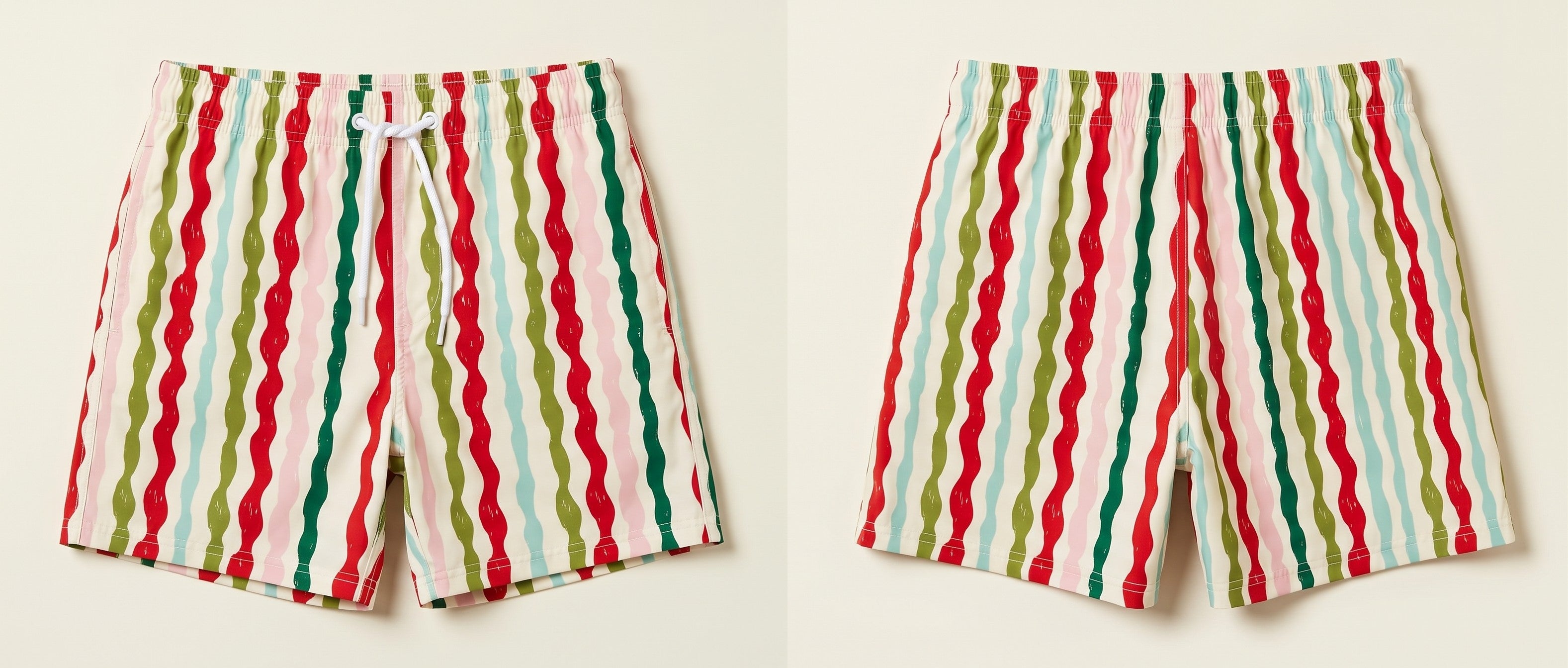 Mens board shorts in Popsicle Wobble Stripe, flat lay (AI-generated image matched to our print)