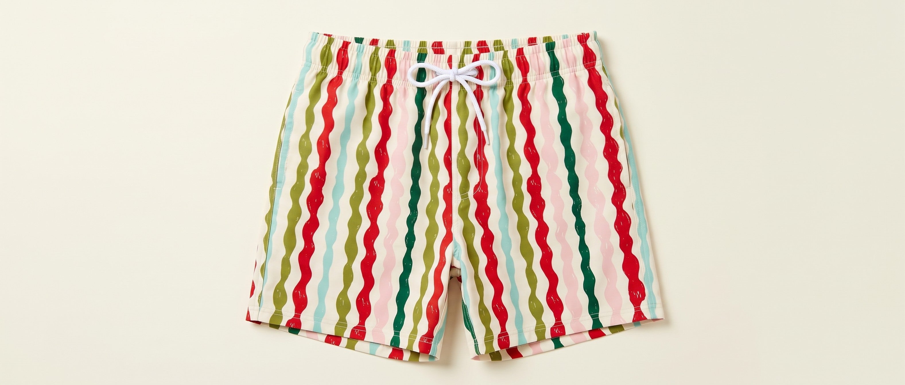 Mens board shorts in Popsicle Wobble Stripe, second flat lay (AI-generated image matched to our print)