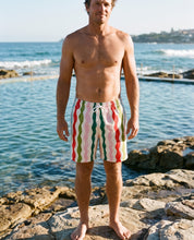 Mens board shorts in Popsicle Wobble Stripe on model