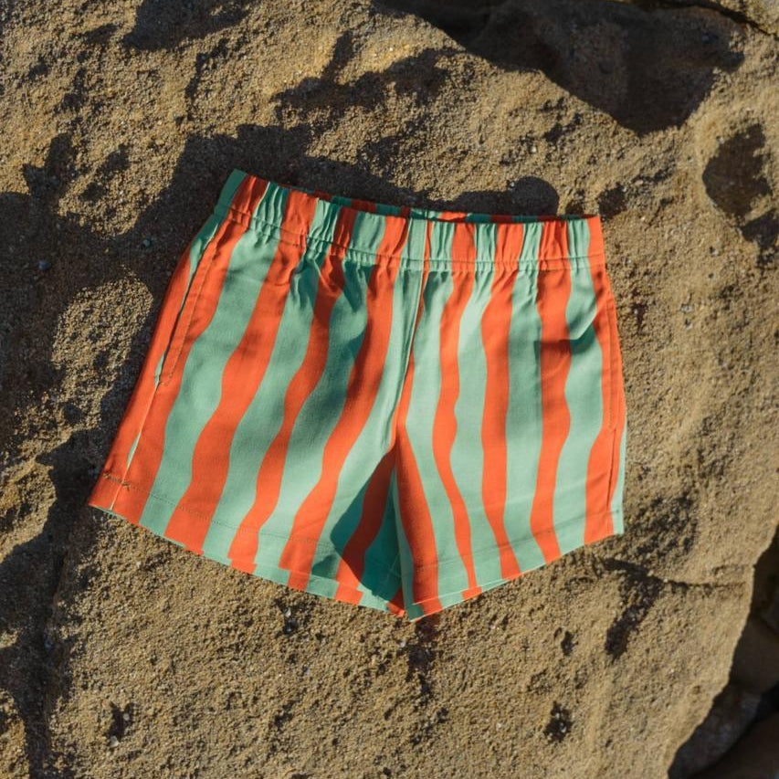 Aqua Shorts - flat lay on beach rocks front view