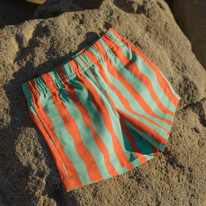 Aqua Shorts - flat lay on beach rocks back view