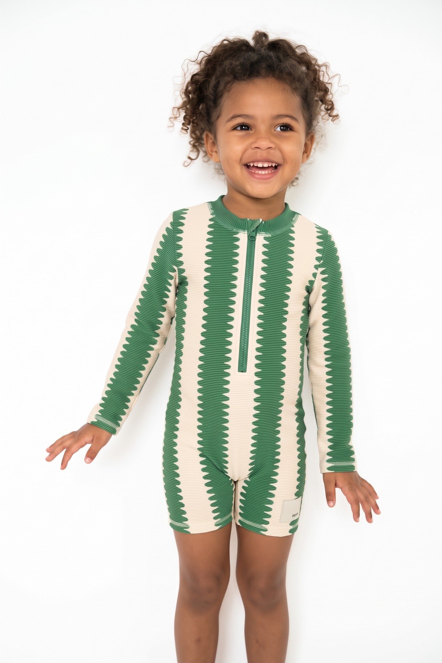 Shortie swimsuit in Cucumber Wobble, second view (AI-generated image matched to our sample)